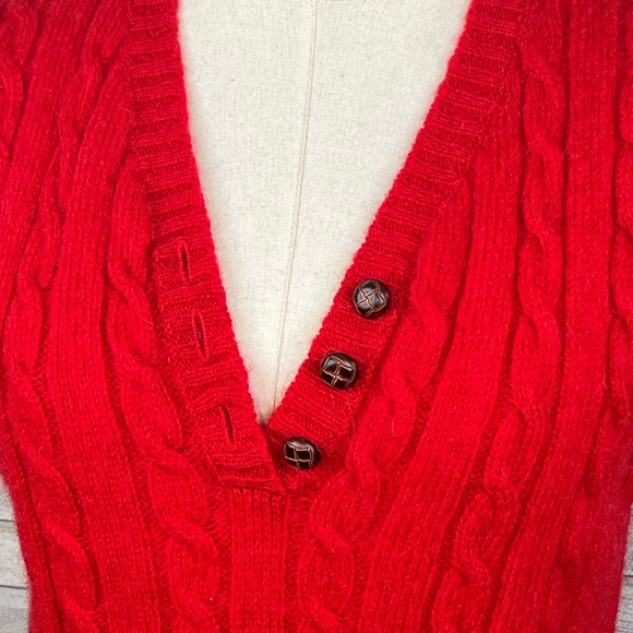 B.I. GEAR Vintage Cable Knit Shetland Wool Sweater Vest Buttoned V Neck Red-L - Picture 2 of 4
